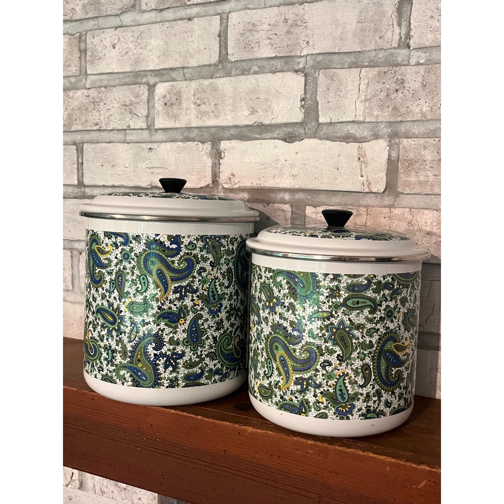 Set of 2 1970s Fancipan vintage retro MCM enamelware‎ lidded canisters
